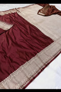Garnet Mashru Katan Silk Zari Border Anchal Plain Body Saree