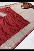 Red Mashru Katan Silk Zari Border Anchal Plain Body Saree