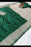 Green Mashru Katan Silk Zari Border Anchal Plain Body Saree