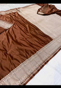 Brown Mashru Katan Silk Zari Border Anchal Plain Body Saree