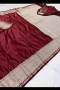 Maroon Mashru Katan Silk Zari Border Anchal Plain Body Saree