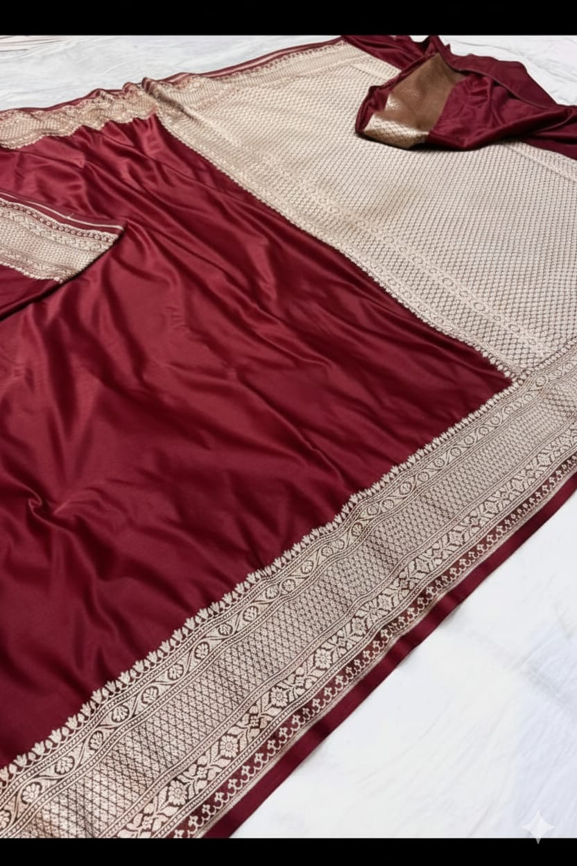 Maroon Mashru Katan Silk Zari Border Anchal Plain Body Saree