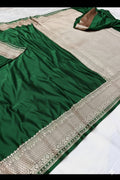Bottle Green Mashru Katan Silk Zari Border Anchal Plain Body Saree