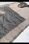Grey Mashru Katan Silk Zari Border Anchal Plain Body Saree