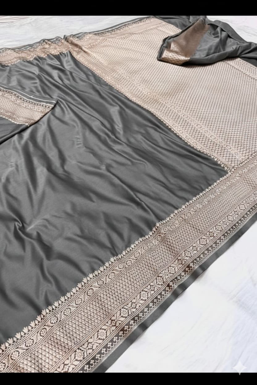 Grey Mashru Katan Silk Zari Border Anchal Plain Body Saree
