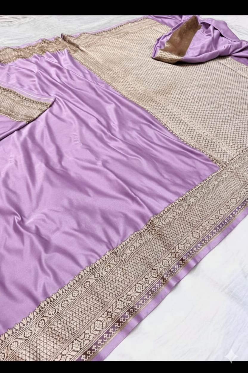 Lavender Mashru Katan Silk Zari Border Anchal Plain Body Saree