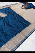 Royal Blue Mashru Katan Silk Zari Border Anchal Plain Body Saree
