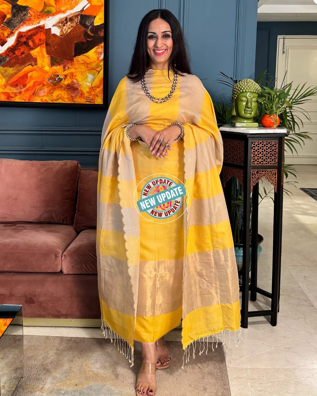 Yellow & Beige Contrast with Zari Banarasi Cotton Silk 3 Piece Suit