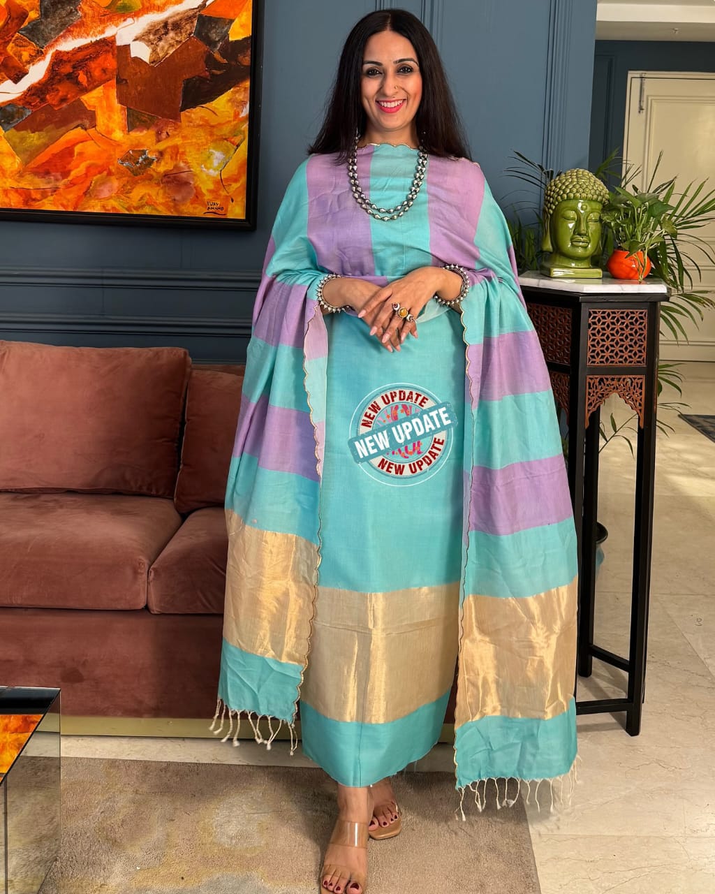 Firozi & Lavender Contrast with Zari Banarasi Cotton Silk 3 Piece Suit