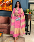 Pink & Creame Contrast with Zari Banarasi Cotton Silk 3 Piece Suit
