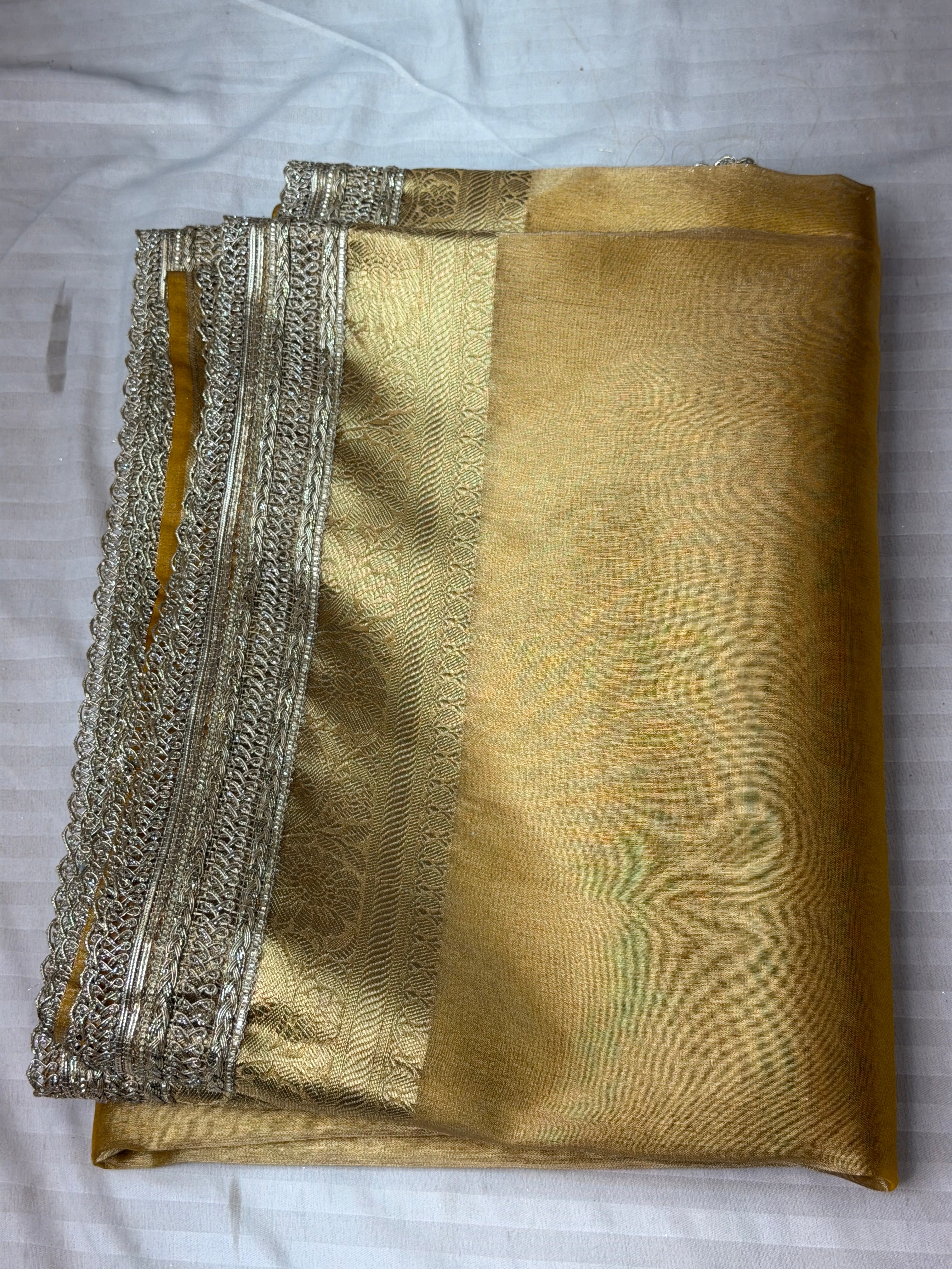 Lite Gold Banarasi Tissue Silk Saree with Fancy Lace