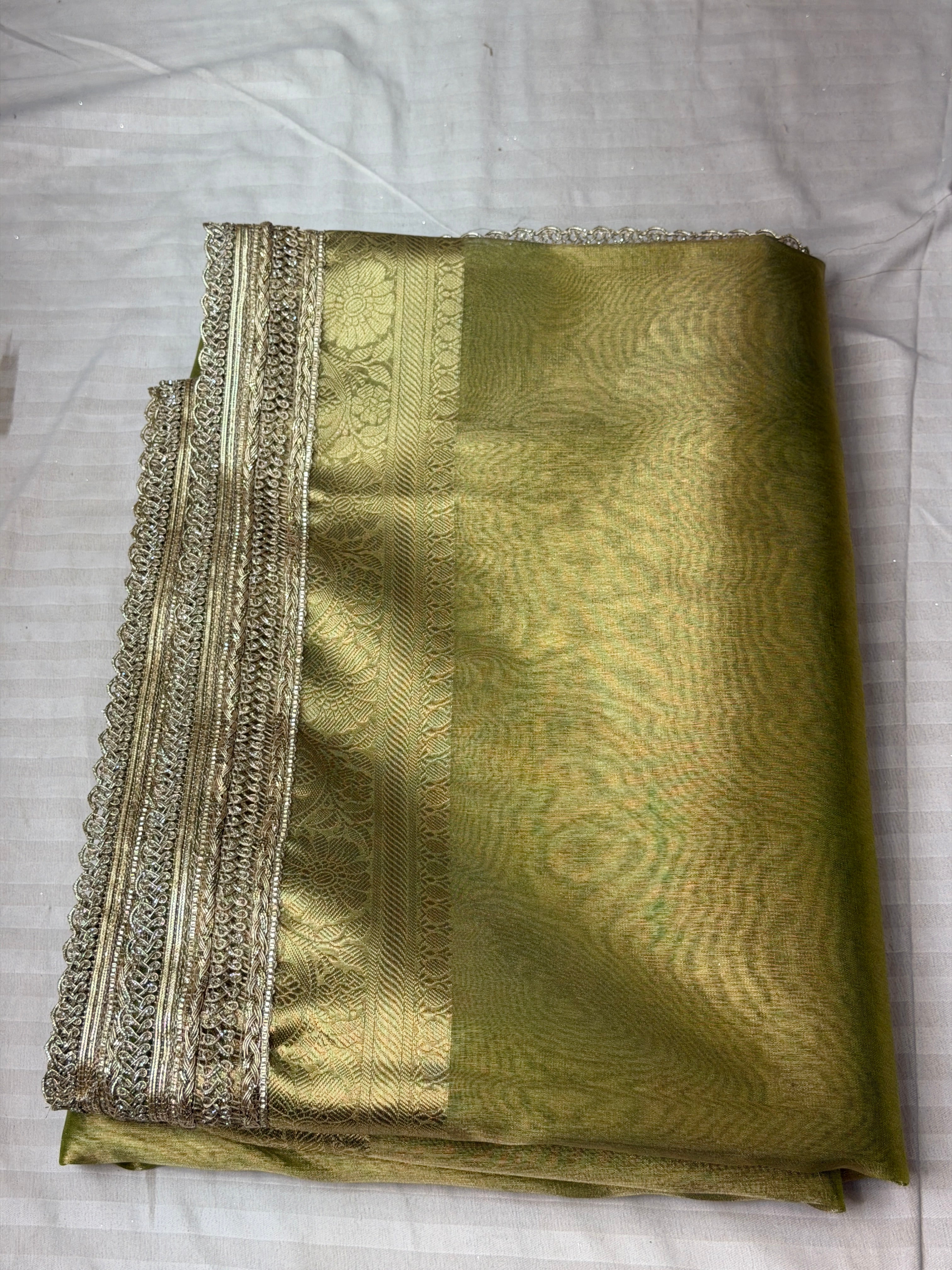 Lite Green Banarasi Tissue Silk Saree with Fancy Lace