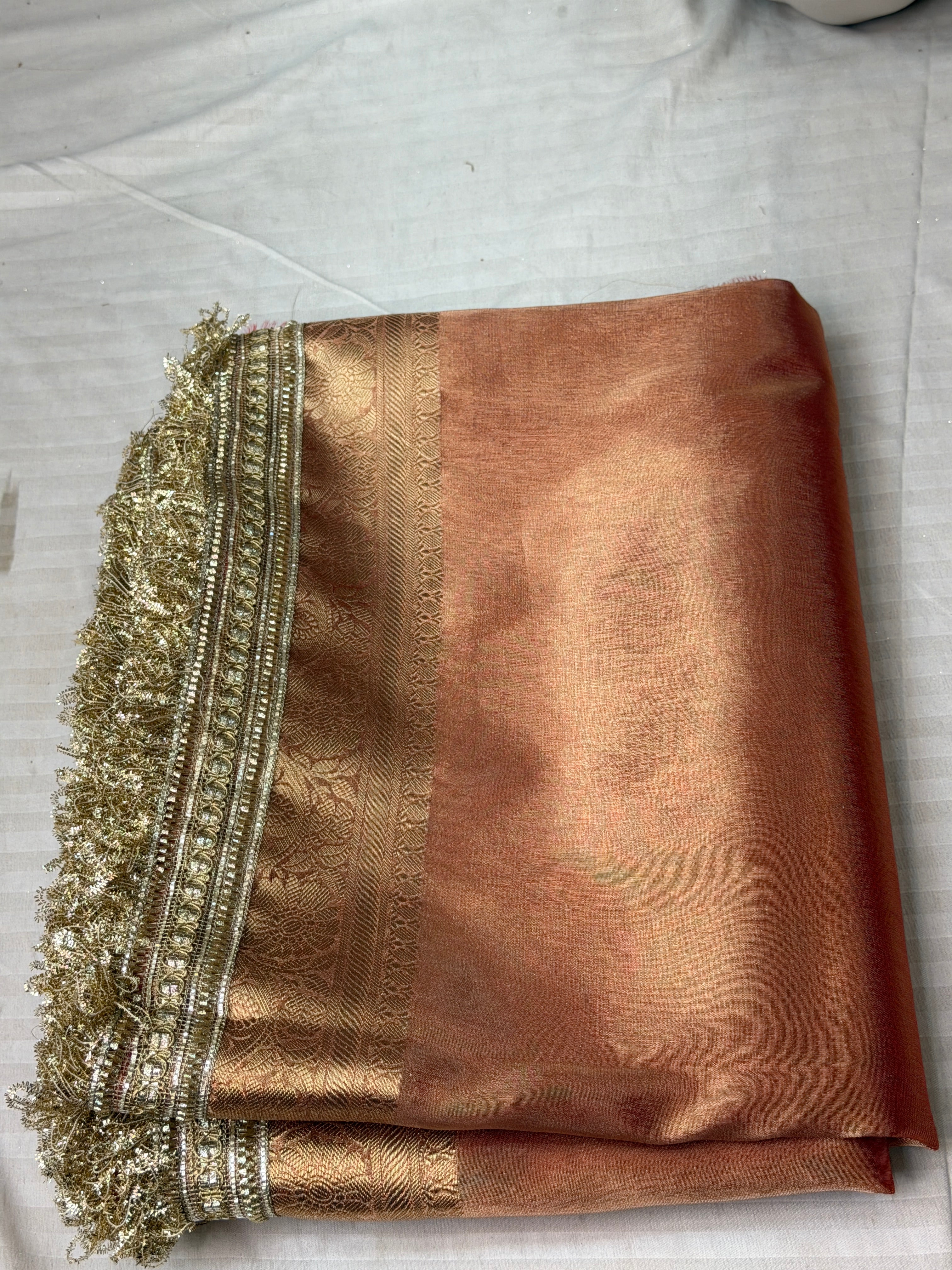 Lite Orange Banarasi Tissue Silk Saree with Fancy Lace