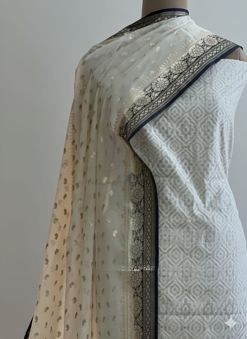 Black & White Fancy Cotton Silk 3 Piece Suit