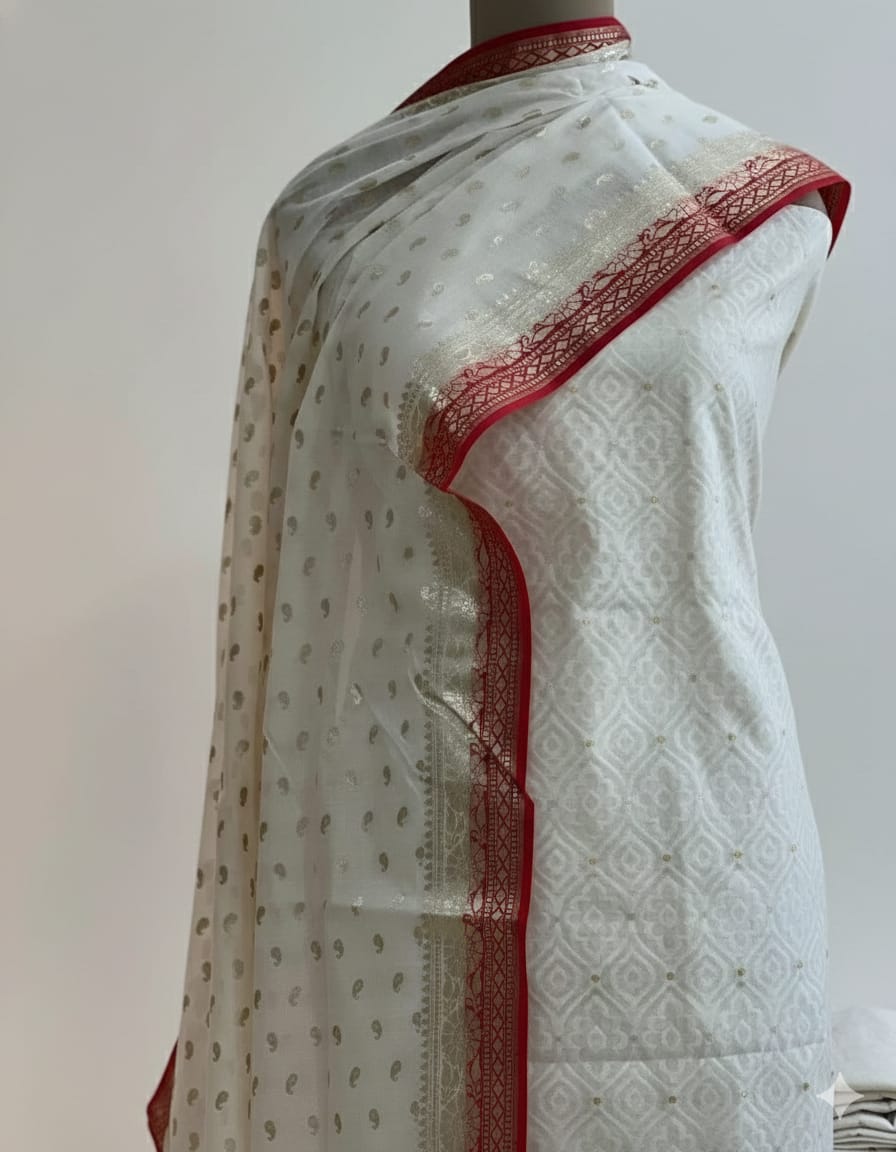 Red & White Fancy Cotton Silk 3 Piece Suit