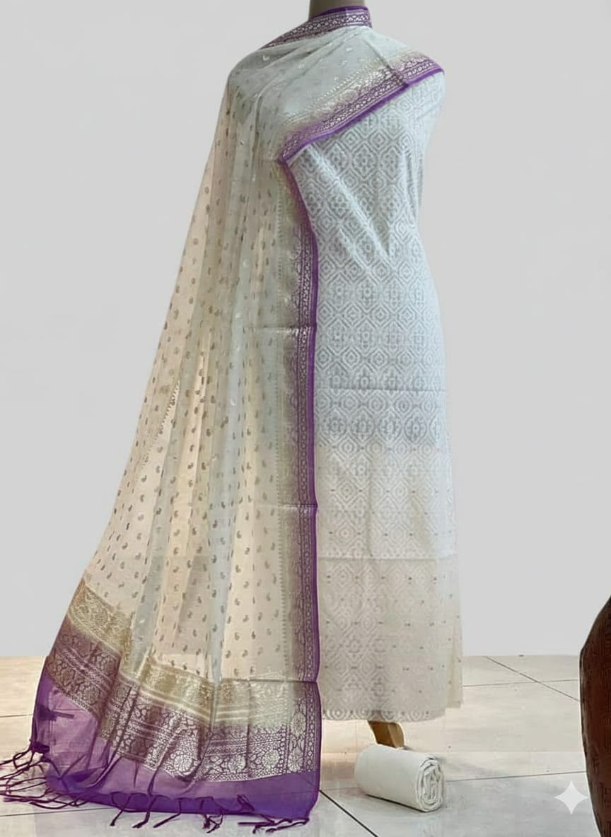 Lavender & White Fancy Cotton Silk 3 Piece Suit