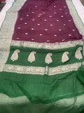 Bottle Green & Wine Contrast Pure Khaddi Chifon Kadhua with Silver Zari Saree