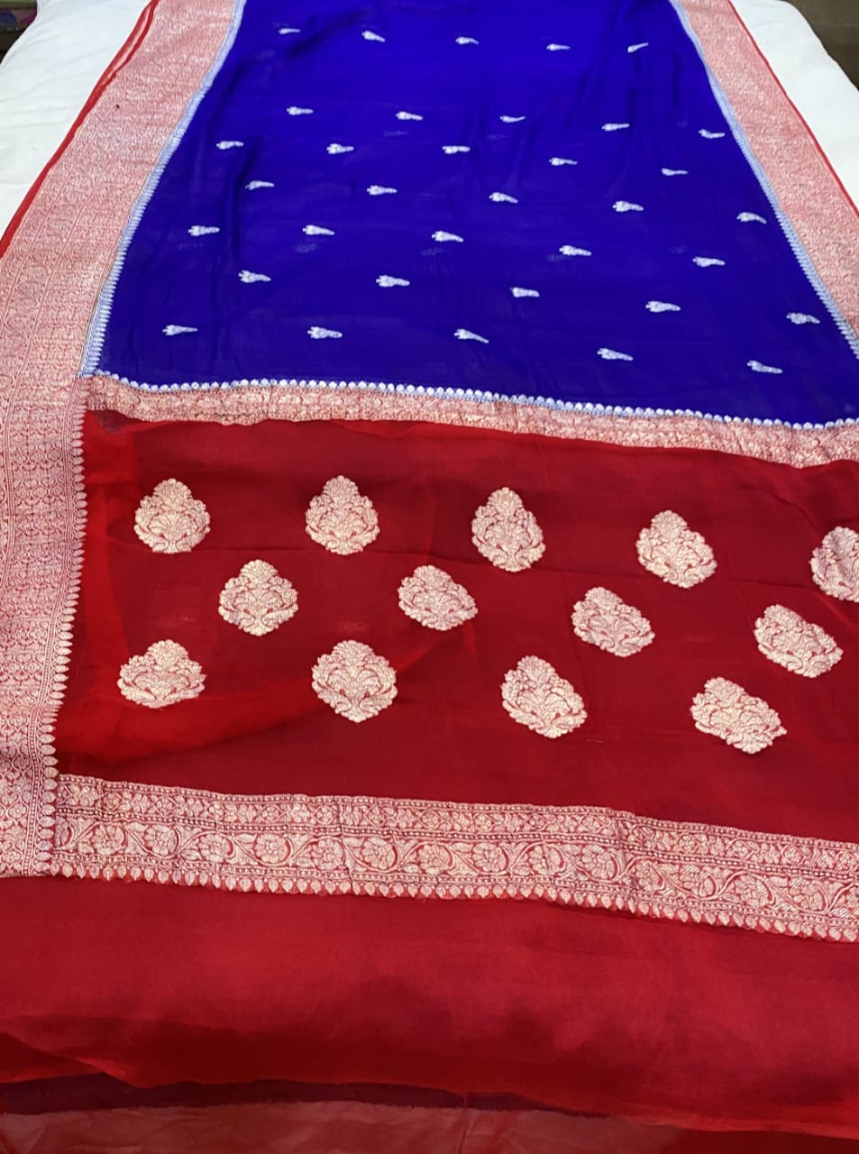 Red & Royal Blue Contrast Pure Khaddi Chifon Kadhua with Silver Zari Saree