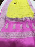 Lavender & Yellow Contrast Pure Khaddi Chifon Kadhua with Silver Zari Saree
