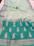 Rama Green & Light Sea Green Contrast Pure Khaddi Chifon Kadhua with Silver Zari Saree