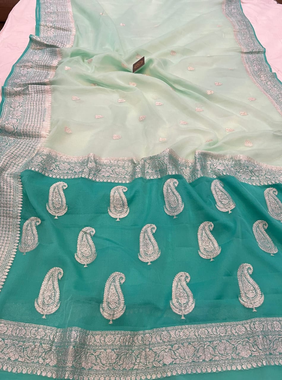 Rama Green & Light Sea Green Contrast Pure Khaddi Chifon Kadhua with Silver Zari Saree