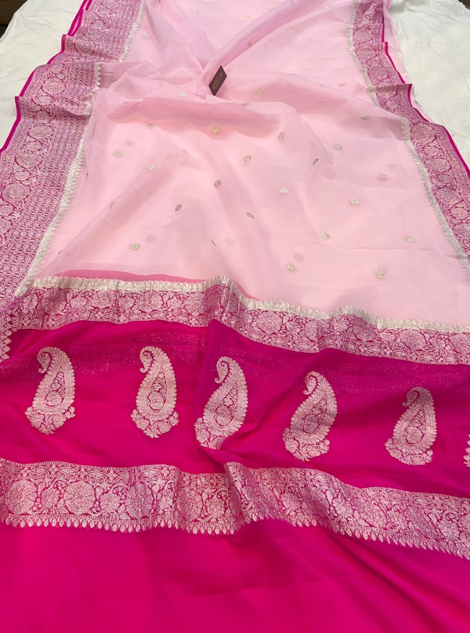 Rani & Pink Contrast Pure Khaddi Chifon Kadhua with Silver Zari Saree