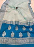 Royal Blue & Light Sea Green Contrast Pure Khaddi Chifon Kadhua with Silver Zari Saree