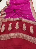 Red & Magenta Contrast Pure Khaddi Shifon Kadhua with Silver Zari Saree