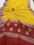Red & Yellow Contrast Pure Khaddi Chifon Kadhua with Silver Zari Saree