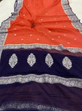 Navy Blue & Orange Contrast Pure Khaddi Chifon Kadhua with Silver Zari Saree