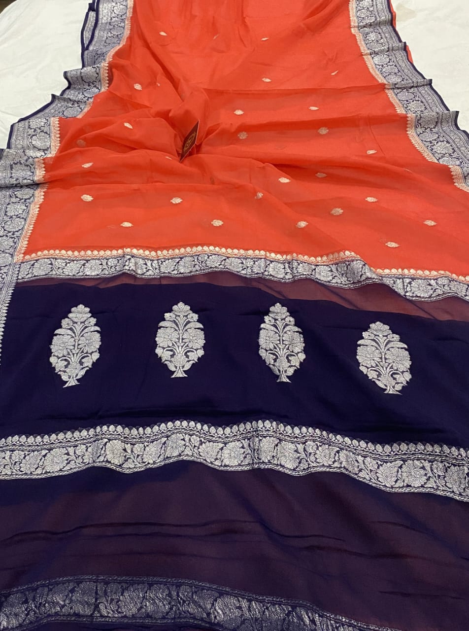 Navy Blue & Orange Contrast Pure Khaddi Chifon Kadhua with Silver Zari Saree