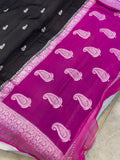 Magenta & Black Contrast Pure Khaddi Chifon Kadhua with Silver Zari Saree