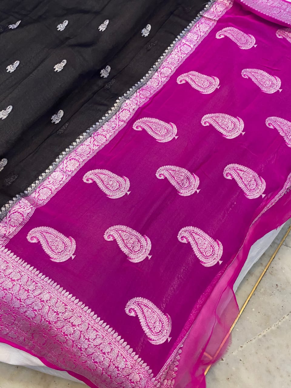 Magenta & Black Contrast Pure Khaddi Chifon Kadhua with Silver Zari Saree