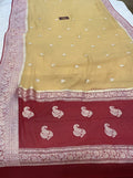 Red & Beige Contrast Pure Khaddi Chifon Kadhua with Silver Zari Saree