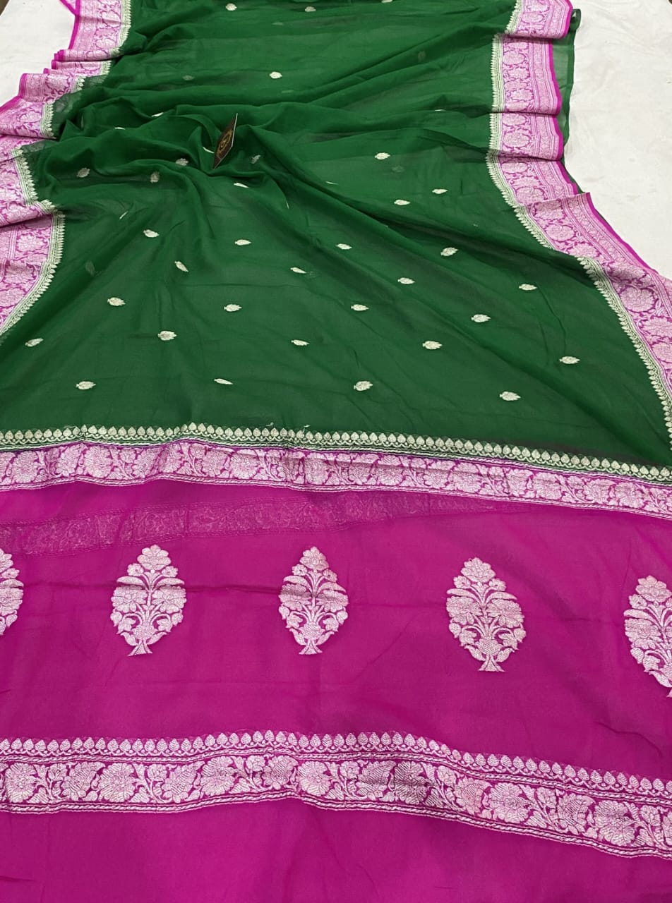 Magenta & Bottle Green Contrast Pure Khaddi Chifon Kadhua with Silver Zari Saree