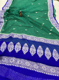 Royal Blue & Rama Green Contrast Pure Khaddi Chifon Kadhua with Silver Zari Saree