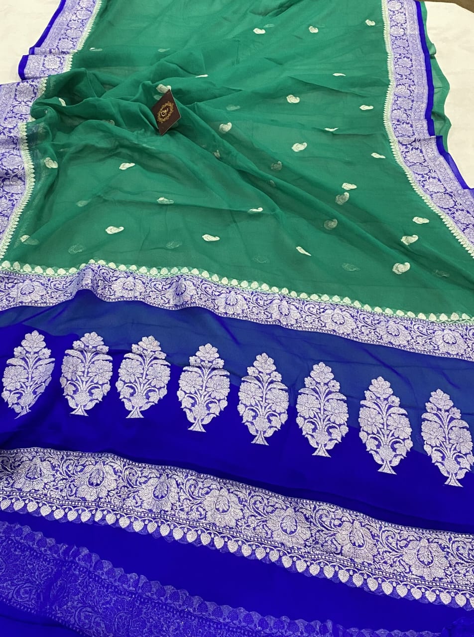 Royal Blue & Rama Green Contrast Pure Khaddi Chifon Kadhua with Silver Zari Saree