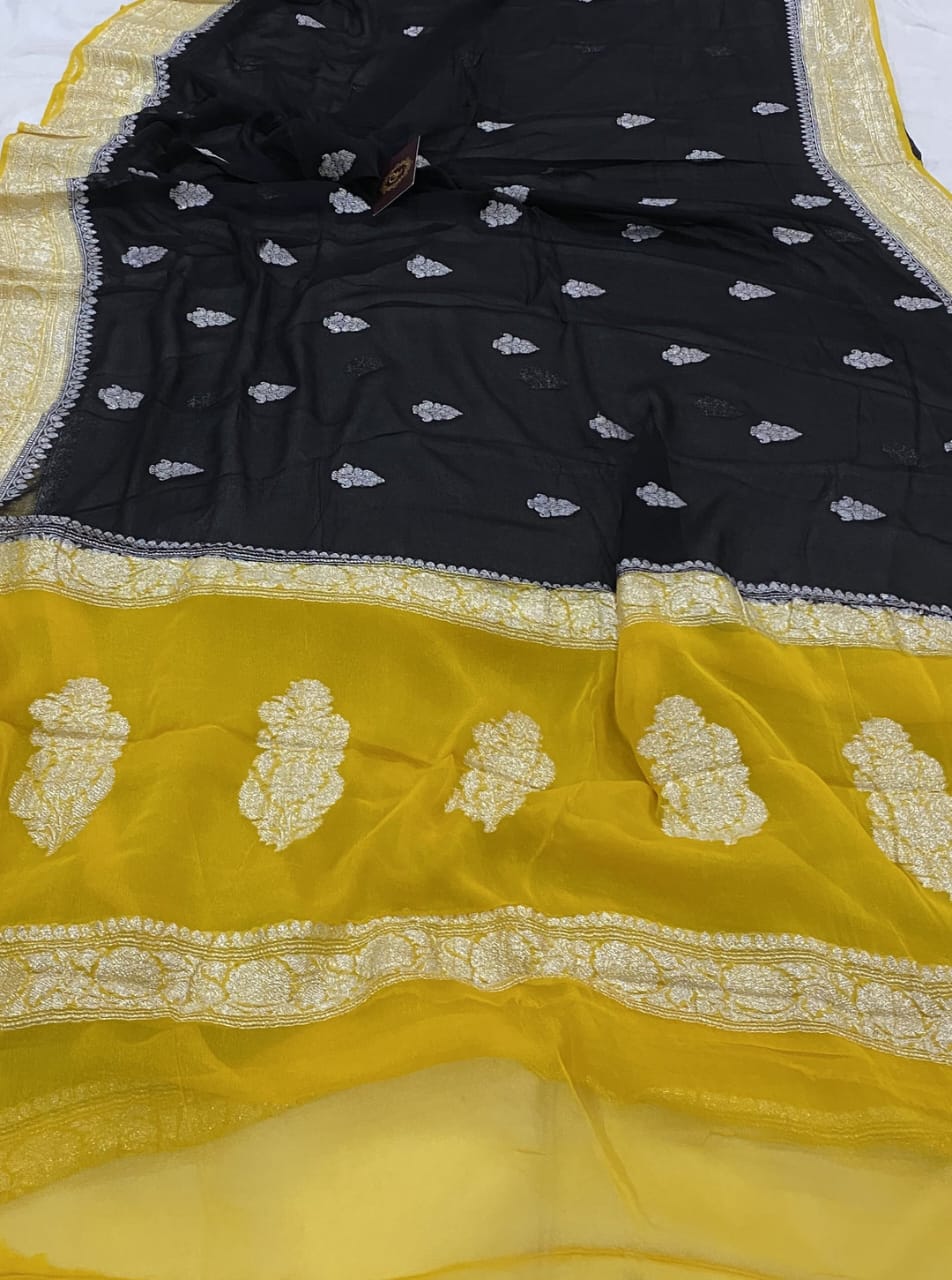 Yellow & Black Contrast Pure Khaddi Chifon Kadhua with Silver Zari Saree
