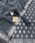 Grey Pure Khaddi Chiffon 3 Piece Suit with Silver Zari