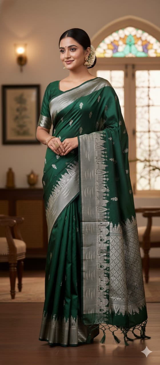 Rama Green Semi Katan Silk Ghar Banarasi Saree