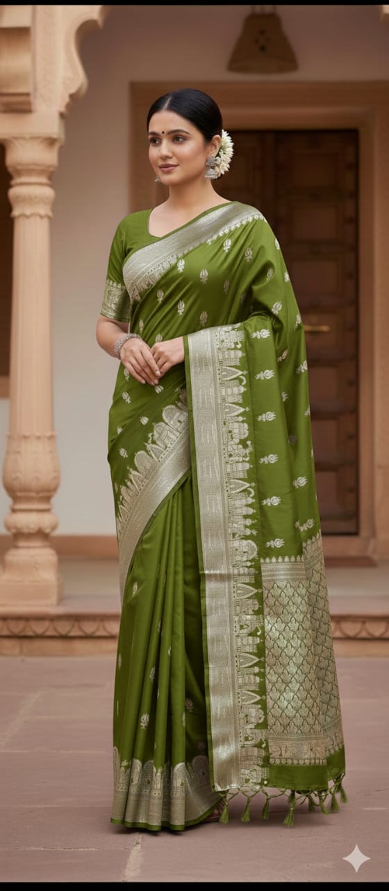 Mehndi Green Semi Katan Silk Ghar Banarasi Saree