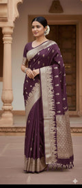 Wine Semi Katan Silk Ghar Banarasi Saree