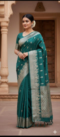 Dark Cyan Semi Katan Silk Ghar Banarasi Saree