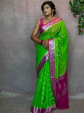 Magenta & Parrot Contrast Semi Georgette Banarasi Saree with Silver Zari
