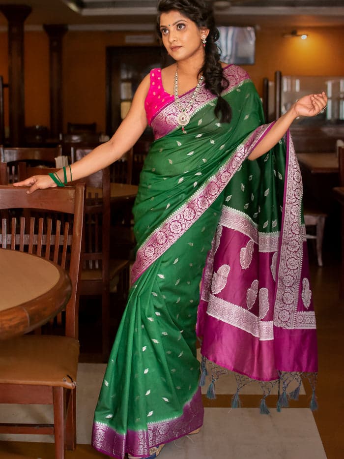 Magenta & Bottle Green Contrast Semi Georgette Banarasi Saree with Silver Zari