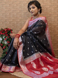 Red & Black Contrast Semi Georgette Banarasi Saree with Silver Zari