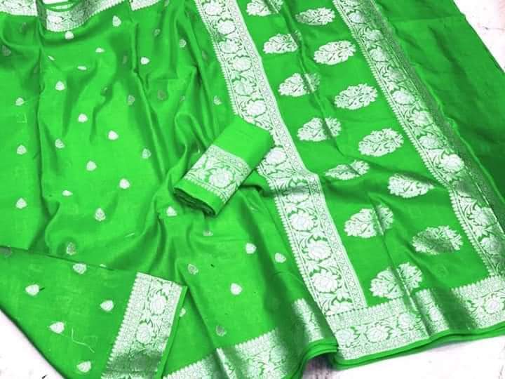 Parrot Semi Georgette Banarasi Saree with Silver Zari