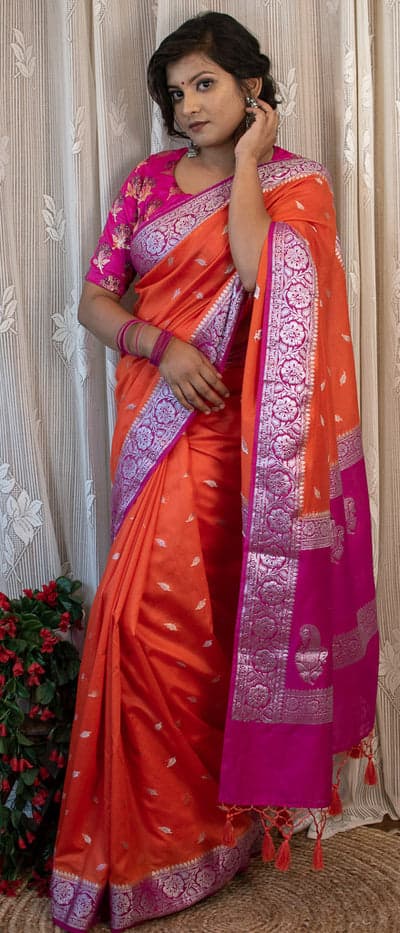 Magenta & Orange Contrast Semi Georgette Banarasi Saree with Silver Zari