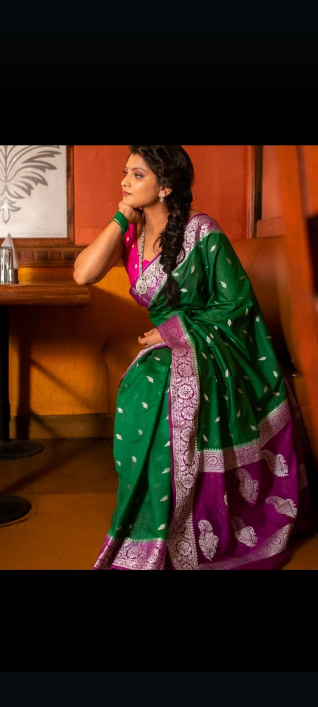 Magenta & Bottle Green Contrast Semi Georgette Banarasi Saree with Silver Zari