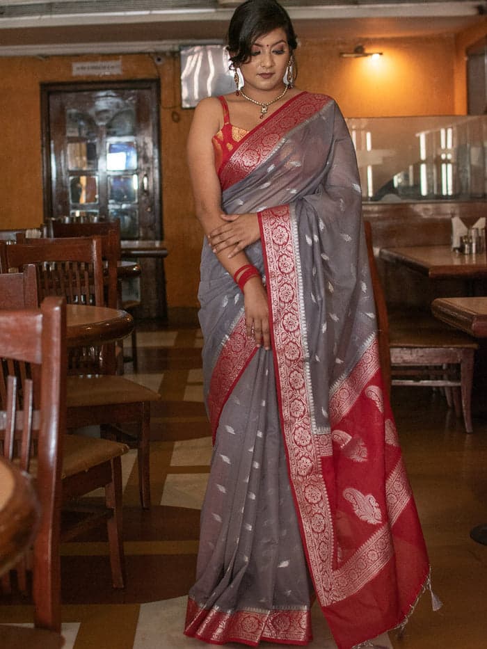 Red & Grey Contrast Semi Georgette Banarasi Saree with Silver Zari